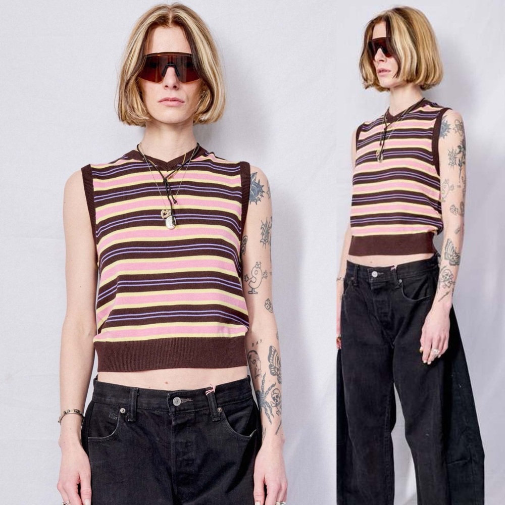 $284 Sandy Liang Multi Stripe V neck Merino Wool Vest
